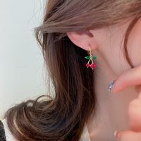 Cute Small Rhinestones Cherry Copper Fruit Earrings main image 3