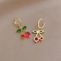 Cute Small Rhinestones Cherry Copper Fruit Earrings main image 4