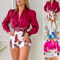 2022 Spring Casual V-neck Long-sleeved Solid Color Shirt Top Printed Shorts Two-piece Set main image 1