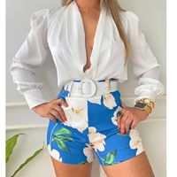 2022 Spring Casual V-neck Long-sleeved Solid Color Shirt Top Printed Shorts Two-piece Set main image 4