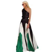 Stitching Single-shoulder Sleeveless Large Swing Long Contrast Color Dress main image 6