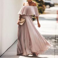 Chiffon Pleated One-word Shoulder Moppling Solid Color Dress main image 3