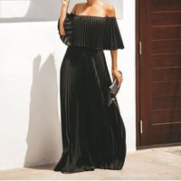 Chiffon Pleated One-word Shoulder Moppling Solid Color Dress main image 5