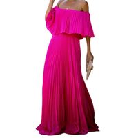 Chiffon Pleated One-word Shoulder Moppling Solid Color Dress main image 6