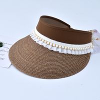 Sombrero De Paja Superior Vacío De Sol De Verano Femenino De Encaje De Perlas De Moda sku image 2