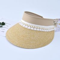 Sombrero De Paja Superior Vacío De Sol De Verano Femenino De Encaje De Perlas De Moda sku image 6