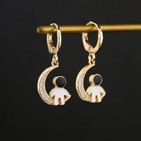 Fashion Copper-plated 18k Gold Drop Oil Zircon Moon Astronaut Earrings Female main image 5