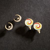 Cute Copper 18k Gold-plated Drip Oil Zircon Star Moon Lollipop Earrings main image 3