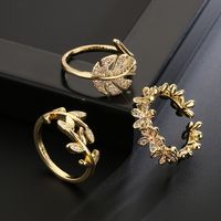 Fashion Copper 18k Gold Zircon Leaf Geometric Shape Open Ring Female main image 1