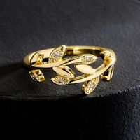 Fashion Copper 18k Gold Zircon Leaf Geometric Shape Open Ring Female main image 5