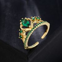 Fashion Copper 18k Gold Micro-set Zircon Crown Heart Emerald Geometric Open Ring main image 1