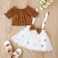 Button Solid Color Short Sleeve Top + Mesh Print Suspender Skirt Children's Set main image 3