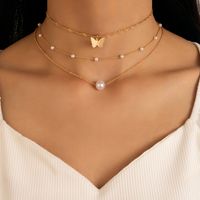 Simple Pearl Butterfly Three-layer Geometric Beaded Multi-layer Alloy Clavicle Chain main image 1