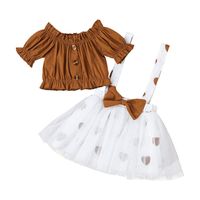 Button Solid Color Short Sleeve Top + Mesh Print Suspender Skirt Children's Set sku image 2