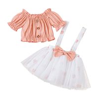 Button Solid Color Short Sleeve Top + Mesh Print Suspender Skirt Children's Set sku image 7