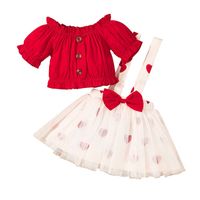 Button Solid Color Short Sleeve Top + Mesh Print Suspender Skirt Children's Set sku image 17