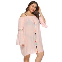 Plus Size Trumpet-sleeved One-word Collar Crocheted Loose See-through Beach Cover-up main image 3