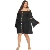 Plus Size Trumpet-sleeved One-word Collar Crocheted Loose See-through Beach Cover-up main image 4