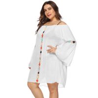 Plus Size Trumpet-sleeved One-word Collar Crocheted Loose See-through Beach Cover-up main image 5