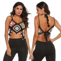 Fashion Plaid Color Stitching Crochet Camisole Beach Bikini Top main image 2