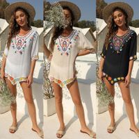 Ethnic Style Color Contrast Color Hand Hook Stitching Short Sleeve Irregular Loose Beach Blouse Dress main image 3