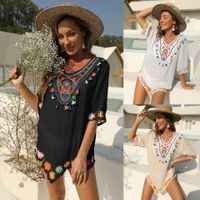 Ethnic Style Color Contrast Color Hand Hook Stitching Short Sleeve Irregular Loose Beach Blouse Dress main image 4