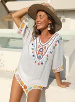 Ethnic Style Color Contrast Color Hand Hook Stitching Short Sleeve Irregular Loose Beach Blouse Dress main image 1