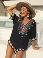 Ethnic Style Color Contrast Color Hand Hook Stitching Short Sleeve Irregular Loose Beach Blouse Dress main image 5