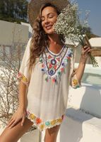 Ethnic Style Color Contrast Color Hand Hook Stitching Short Sleeve Irregular Loose Beach Blouse Dress main image 6