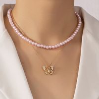 أزياء الماس فراشة معلقة متعدد الطبقات لطيف سلسلة الترقوة اللؤلؤ الوردي الإناث main image 1