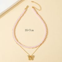 Fashion Diamond Butterfly Pendent Multi-layer Cute Pink Pearl Clavicle Chain Female main image 3