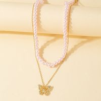 Fashion Diamond Butterfly Pendent Multi-layer Cute Pink Pearl Clavicle Chain Female main image 4