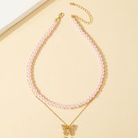 Fashion Diamond Butterfly Pendent Multi-layer Cute Pink Pearl Clavicle Chain Female main image 5