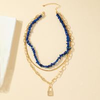 Multi-layer Lapis Lazuli Chain Lock Pendent Geometric Women's Necklace main image 4