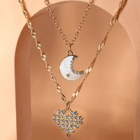 2022 Spring New Diamond-studded Heart Moon Pendant Double-layer Necklace main image 3
