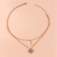 2022 Spring New Diamond-studded Heart Moon Pendant Double-layer Necklace main image 5