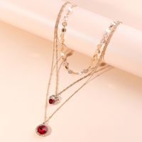 Simple Heart Ruby Pendant Disc Chain Multi-layer Necklace main image 3