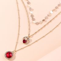Simple Heart Ruby Pendant Disc Chain Multi-layer Necklace main image 5