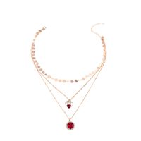 Simple Heart Ruby Pendant Disc Chain Multi-layer Necklace main image 6