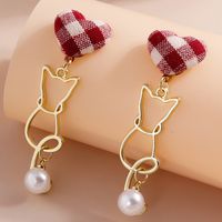 Fashion Jewelry Fabric Heart Pearl Cat Pendant Alloy Earrings main image 4