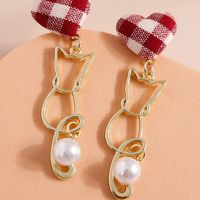 Fashion Jewelry Fabric Heart Pearl Cat Pendant Alloy Earrings main image 5