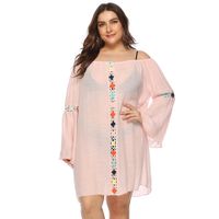 Plus Size Trumpet-sleeved One-word Collar Crocheted Loose See-through Beach Cover-up sku image 3