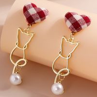 Fashion Jewelry Fabric Heart Pearl Cat Pendant Alloy Earrings sku image 1