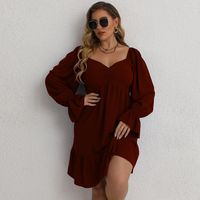 Plus Size Long-puff Sleeve Low-cut Slim Solid Color Dress main image 3