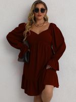 Plus Size Long-puff Sleeve Low-cut Slim Solid Color Dress main image 4