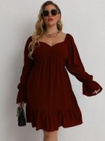 Plus Size Long-puff Sleeve Low-cut Slim Solid Color Dress main image 5