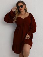 Plus Size Long-puff Sleeve Low-cut Slim Solid Color Dress main image 1
