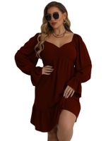 Plus Size Long-puff Sleeve Low-cut Slim Solid Color Dress main image 6