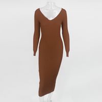 Pencil Skirt Streetwear V Neck Long Sleeve Solid Color Maxi Long Dress main image 6