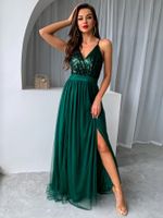 Commute Sequins Patchwork Net Yarn Solid Color Maxi Long Dress main image 6